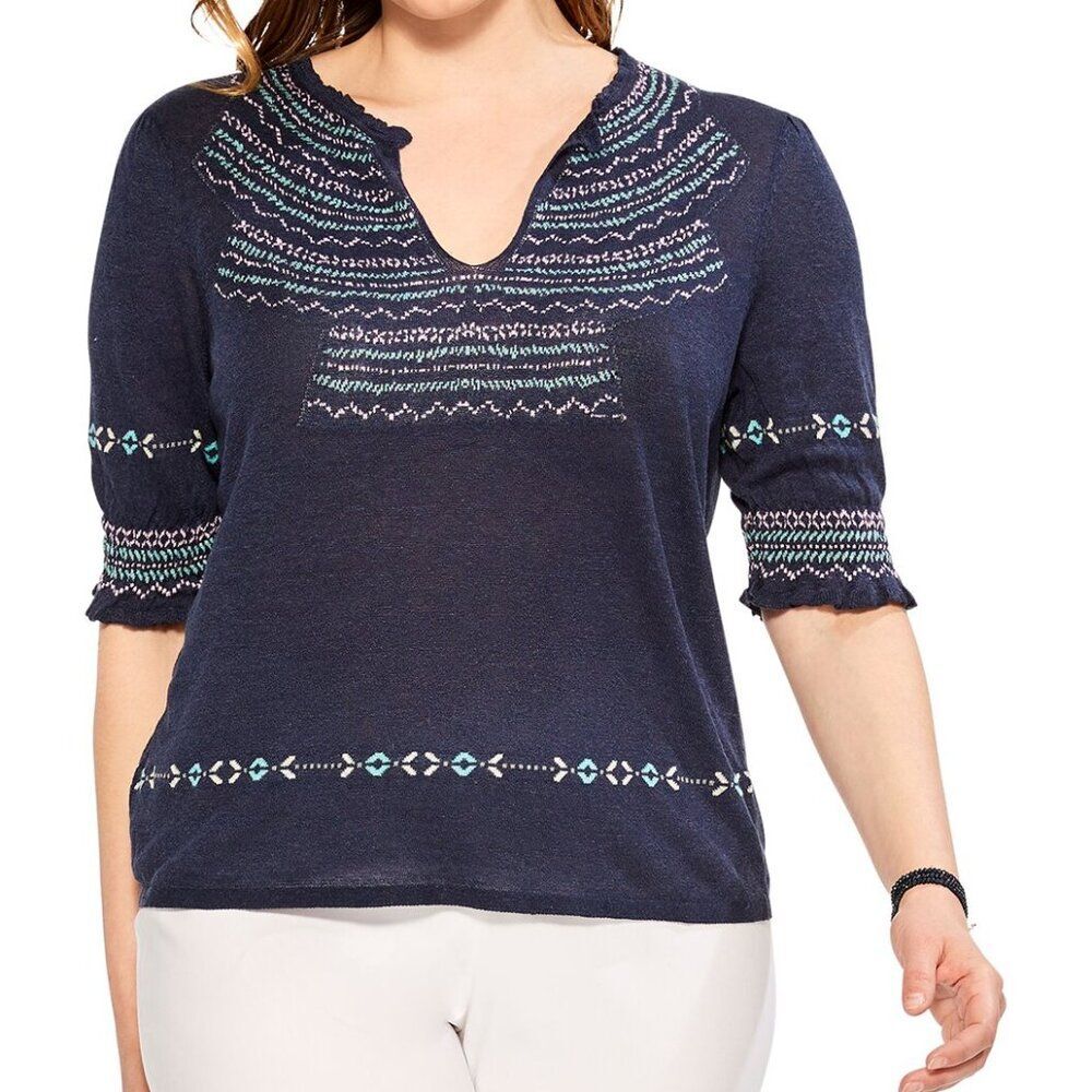 NIC+ZOE Navy Embroidered Split-Neck Tunic with Teal & White Accents 100120